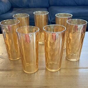 Vintage Amber Iridescent Carnival Glass Tumblers Set of 7 Honeycomb Whimsical